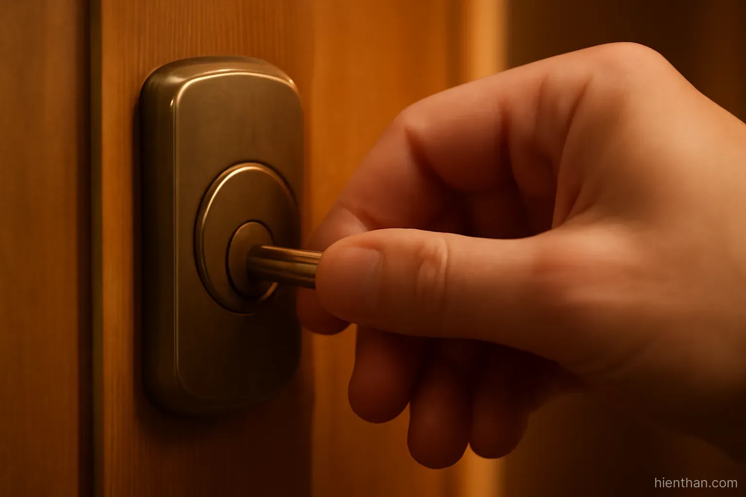 Bàn tay đang xoay thử một chiếc chìa khoá trong ổ