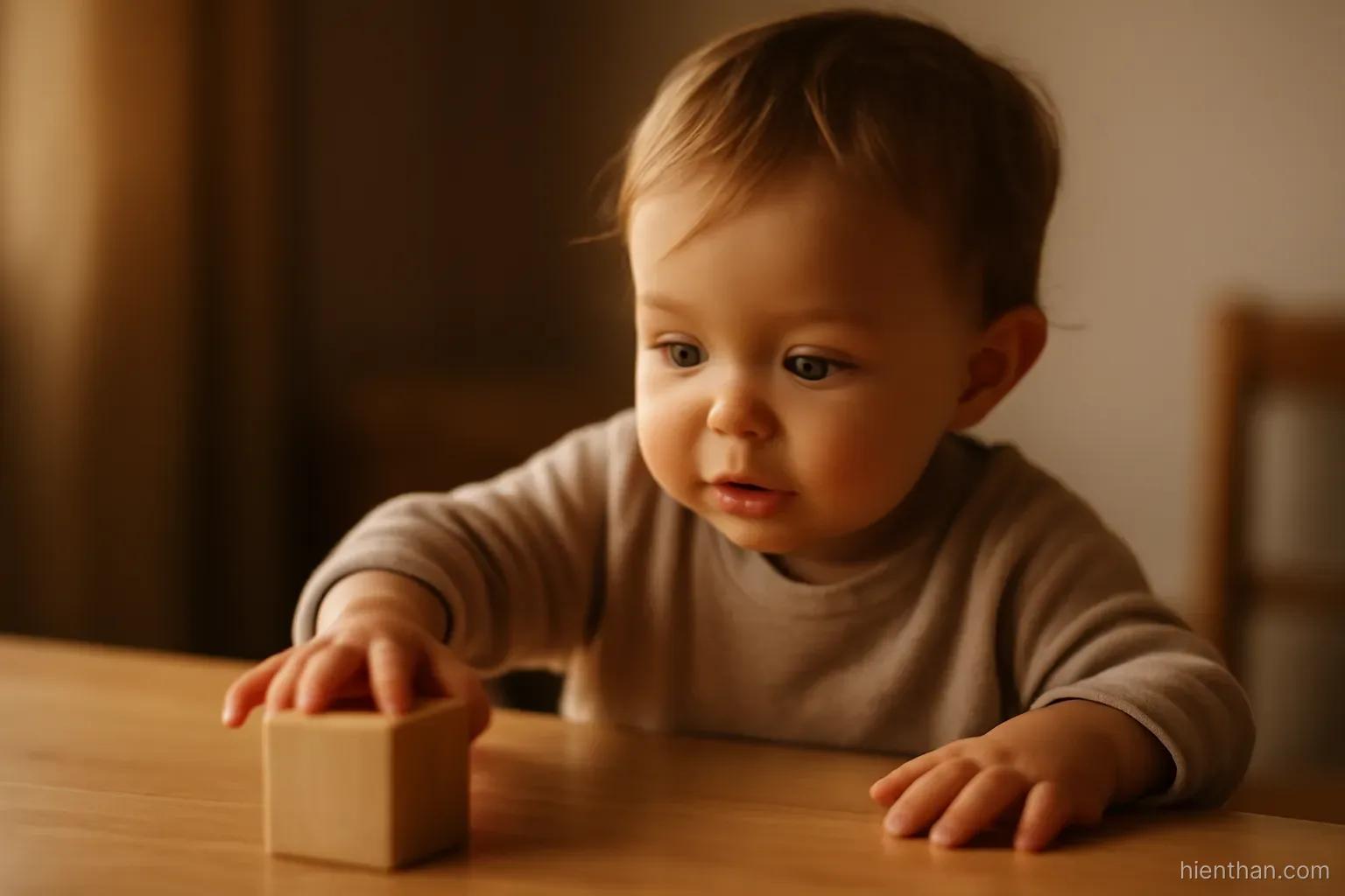 Đứa trẻ đẩy một khối gỗ trên bàn và quan sát nó lăn