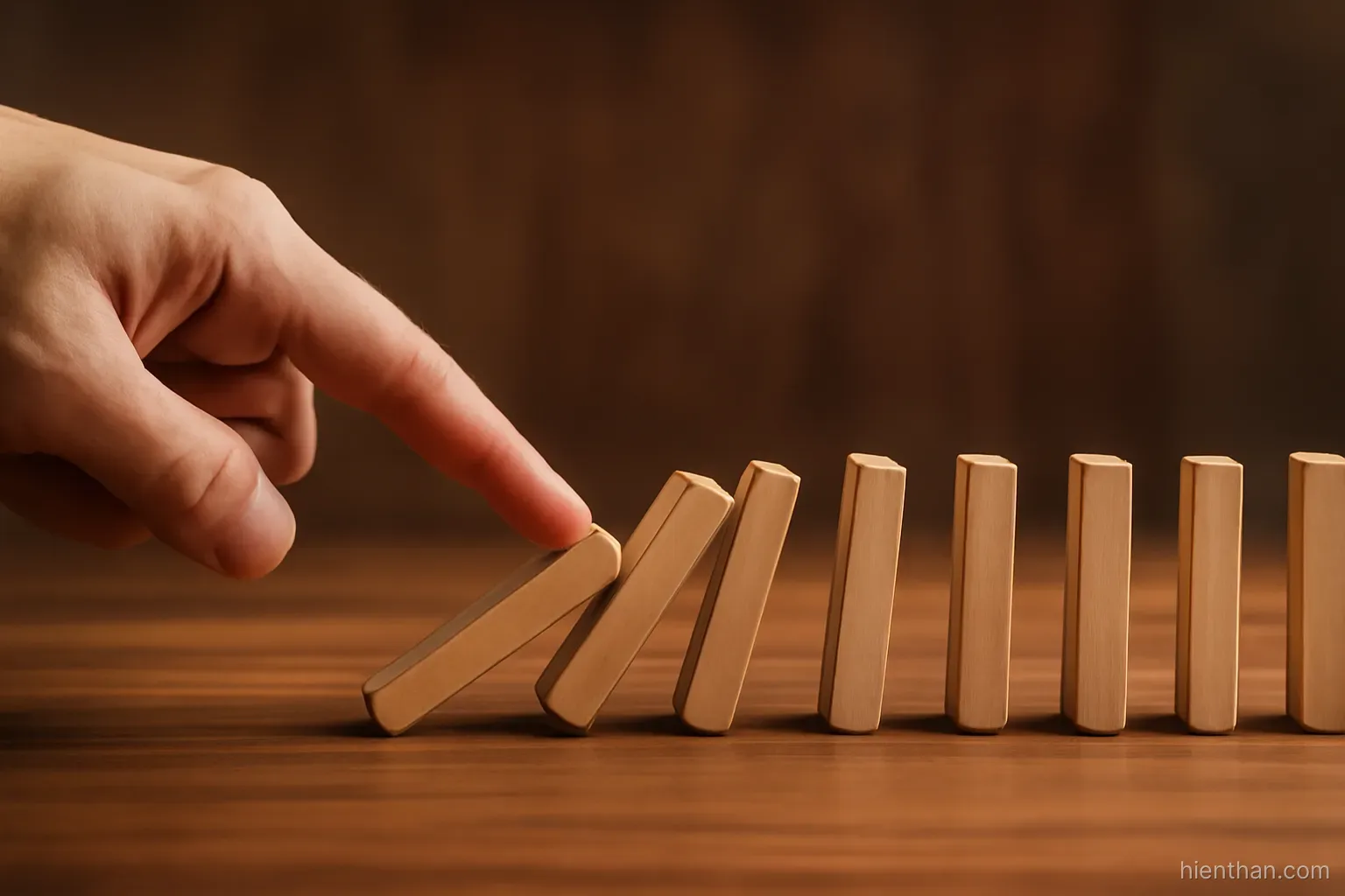 Bàn tay đẩy một quân domino làm cả dãy đổ theo
