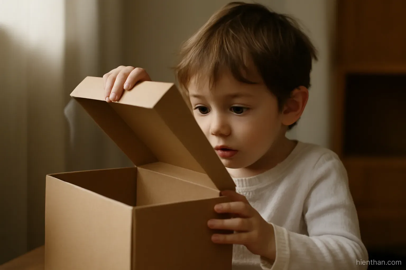Đứa trẻ mở nắp một chiếc hộp để xem bên trong
