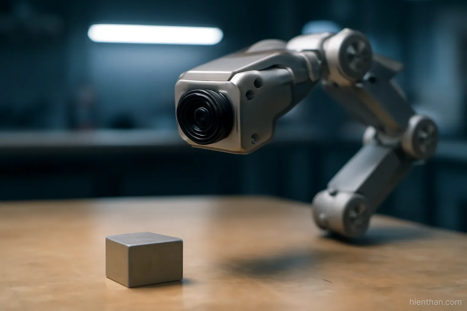 Robot xoay camera trên cổ tay để nhìn vật từ góc khác